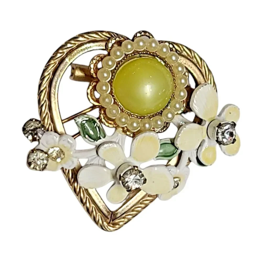 Vintage Gold Tone Rhinestone Faux Pearl Enamel Flower Bouquet Heart Brooch Pin